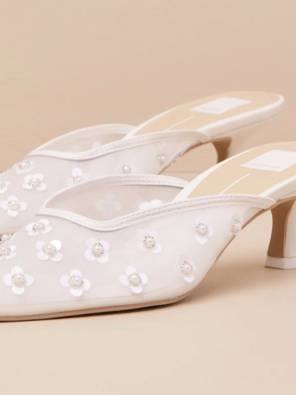 Dolce Vita Clara Pearl True White Daisy Mesh Kitten Heel Mule Pumps